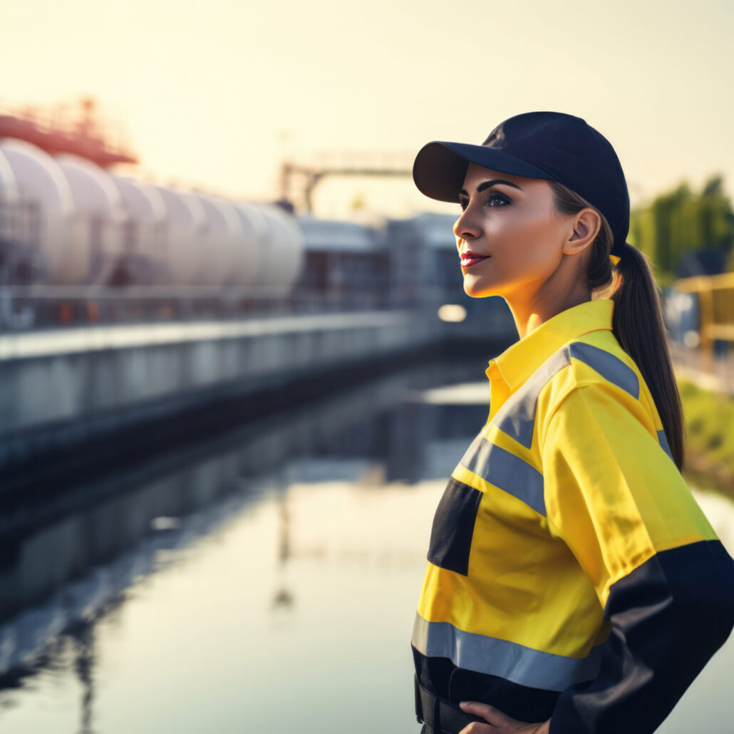 Woman Guard On Defocused Background Water Treatment Plants . Сoncept Women In Security Careers, Background Blur Photography, Water Treatment Infrastructure, Climate Change Water Security